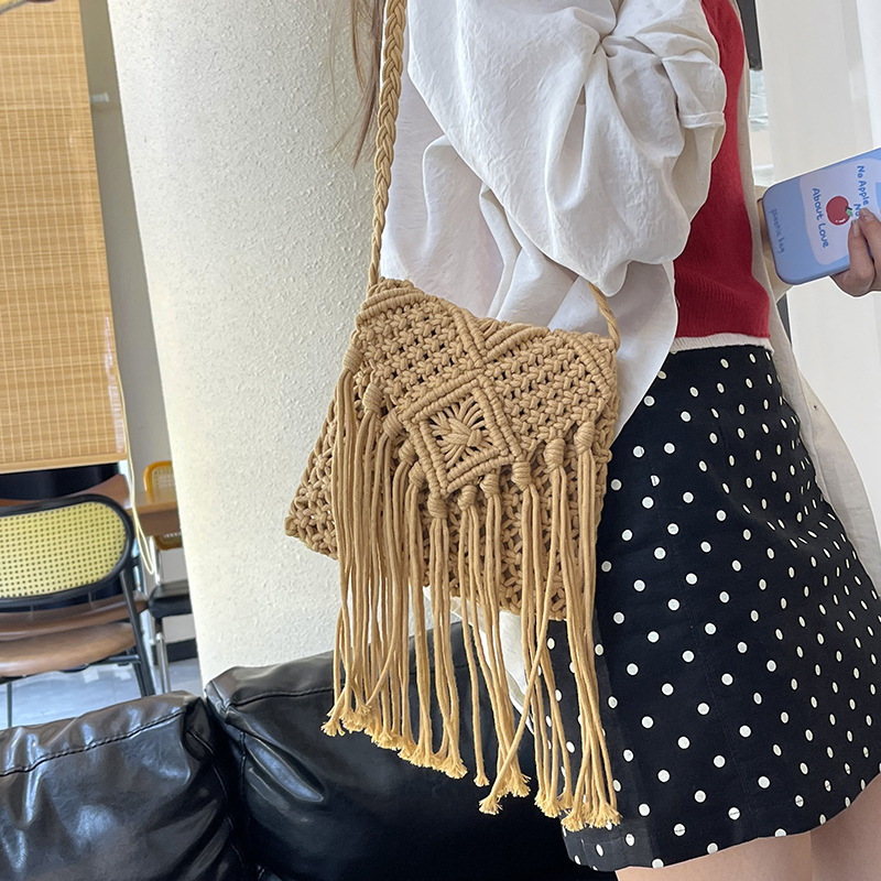 The 2025 new hand-woven bag is a cute and unique summer design for women. It features a single-shoulder bag with tassel fashion and a crossbody bag details Picture