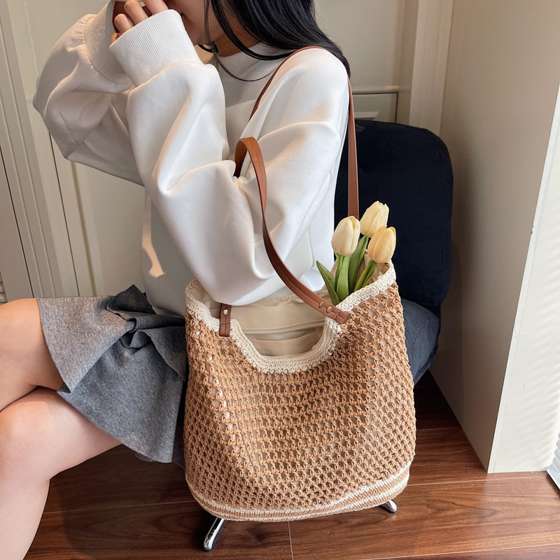 2025 Summer new Korean-style woven bag, trendy and laid-back single-shoulder bag, seaside vacation underarm bag, large-capacity tote bag Specification drawing