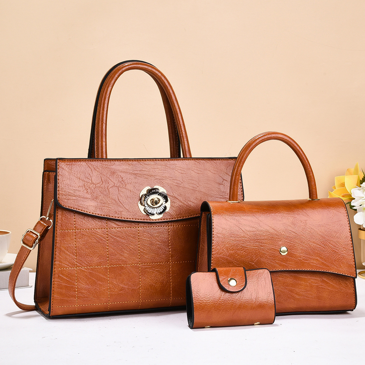 Cross-border three-piece set, European and American style handbag, high-quality bag, embroidered thread, high-end feel, ladies' bag, single-shoulder crossbody Item Picture