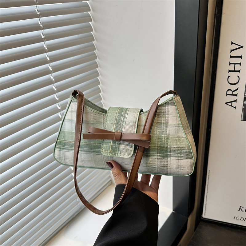 Trendy, individualistic and elegant Korean baguette underarm bag 2025 Women's bow fashion new single-shoulder checkered bag full figure