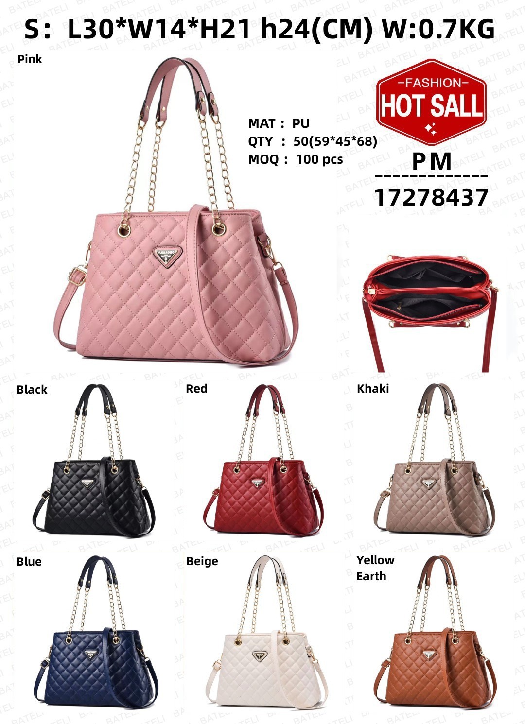 Factory fashion trend women's bag, high-end sense, large capacity single-shoulder bag, crossbody bag, handbag women's bag, 17278 Specification drawing