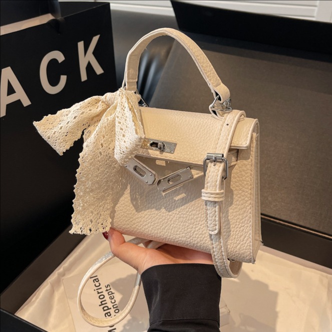 Cross-border lychee patterned soft leather hand-carried Kelly bag for women 2025 new style, elegant and versatile, single-shoulder crossbody small square bag full figure
