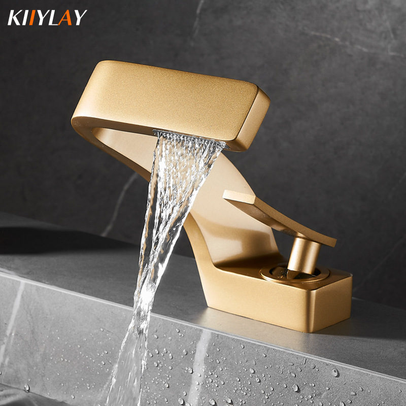All-copper washbasin faucet, light luxury, golden creative waterfall, household single-hole washbasin, hand washing face basin, hot and cold full figure