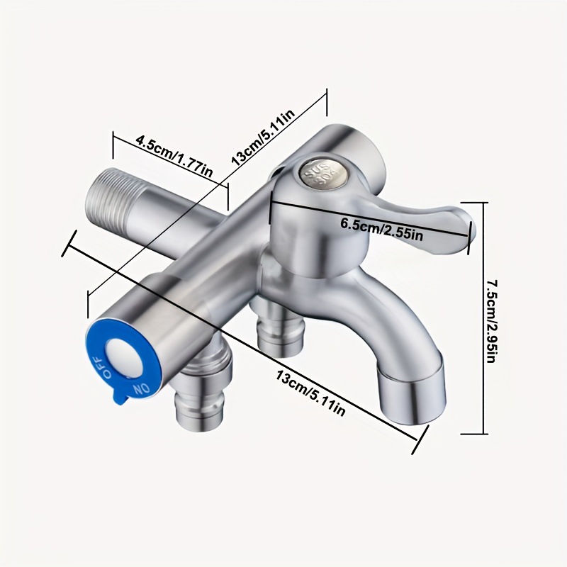 304 stainless steel multi-functional washing machine with one inlet, three outlets and three controls, water distribution faucet, water distribution valve, multi-head one-drag three-way Specification drawing
