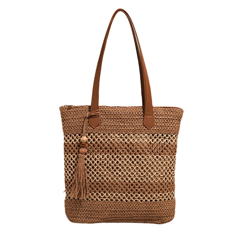 2025 New checkered trendy hand-held bucket bag, seaside vacation hollowed-out straw weaving bag, large-capacity beach single-shoulder bag Item Picture