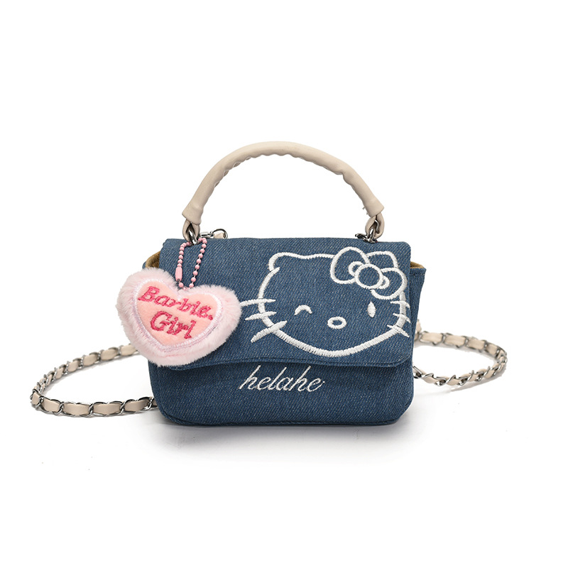 hellokitty denim hand-held women's bag, Korean embroidered thread little Chanel-style cartoon cute girl bag, children's crossbody bag Item Picture