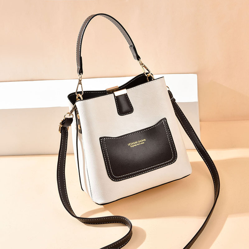 New 2022 ladies' bucket bag, fashionable color-blocking handbag, Korean-style solid color retro single-shoulder bag, casual crossbody bag Specification drawing