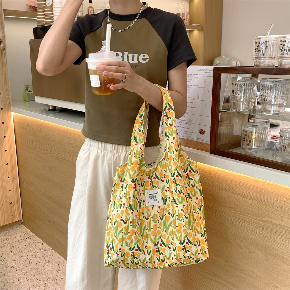 35204 canvas bag for women, cute flowers, single-shoulder hand-held bag for college students in class, large-capacity tote bag details Picture