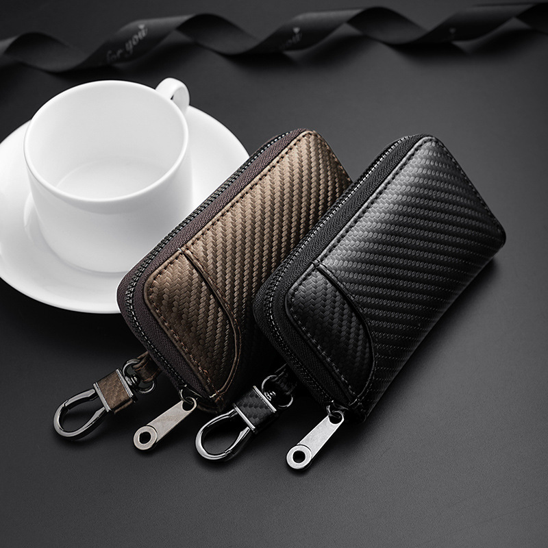 Cross-border bestseller men's key case, carbon fiber pattern business clutch, zipper wallet, large capacity, multiple slots full figure