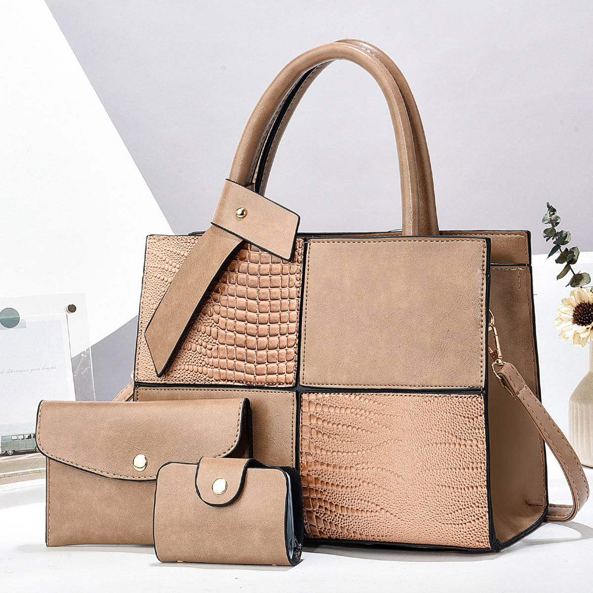 New fashionable cross-border three-piece women's bag patchwork handbag, versatile for cross-border commuting, large-capacity single-shoulder handbag Specification drawing