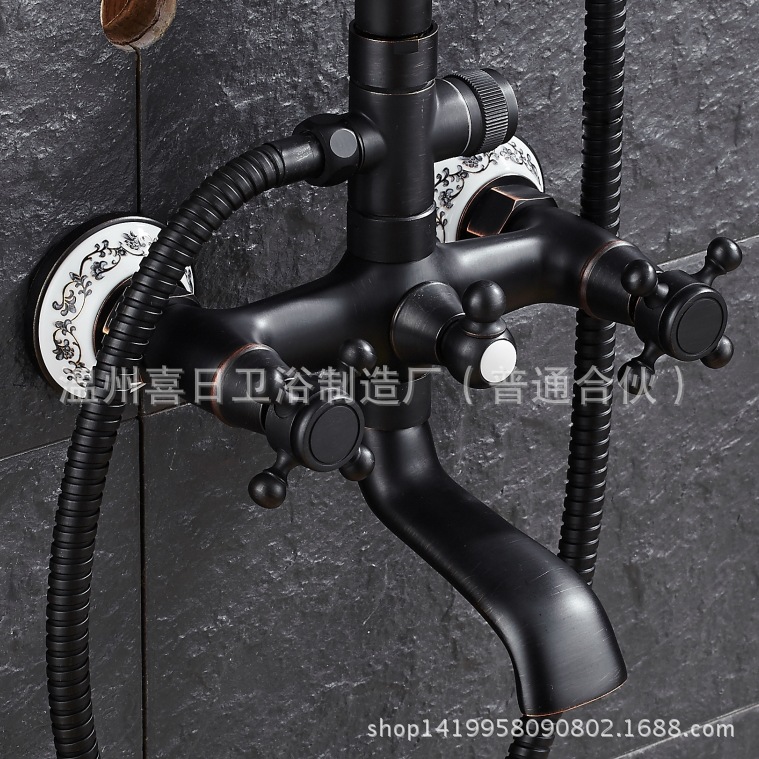 Blue and white porcelain black bronze shower head set, European retro double-handle mixed water shower faucet with lifting rod Application Scenario