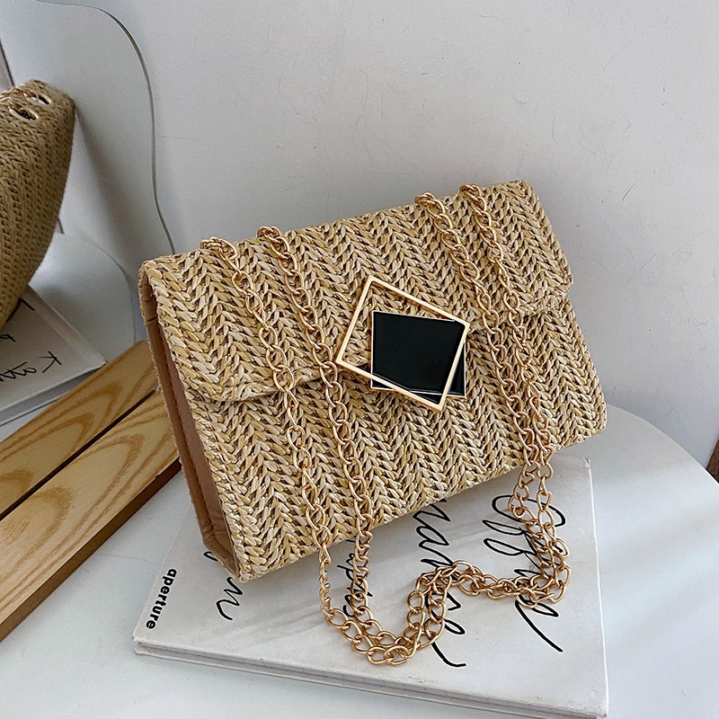 2023 Summer New fashion and trendy straw woven bag, stylish single-shoulder crossbody bag for women, Korean-style chain small square bag full figure