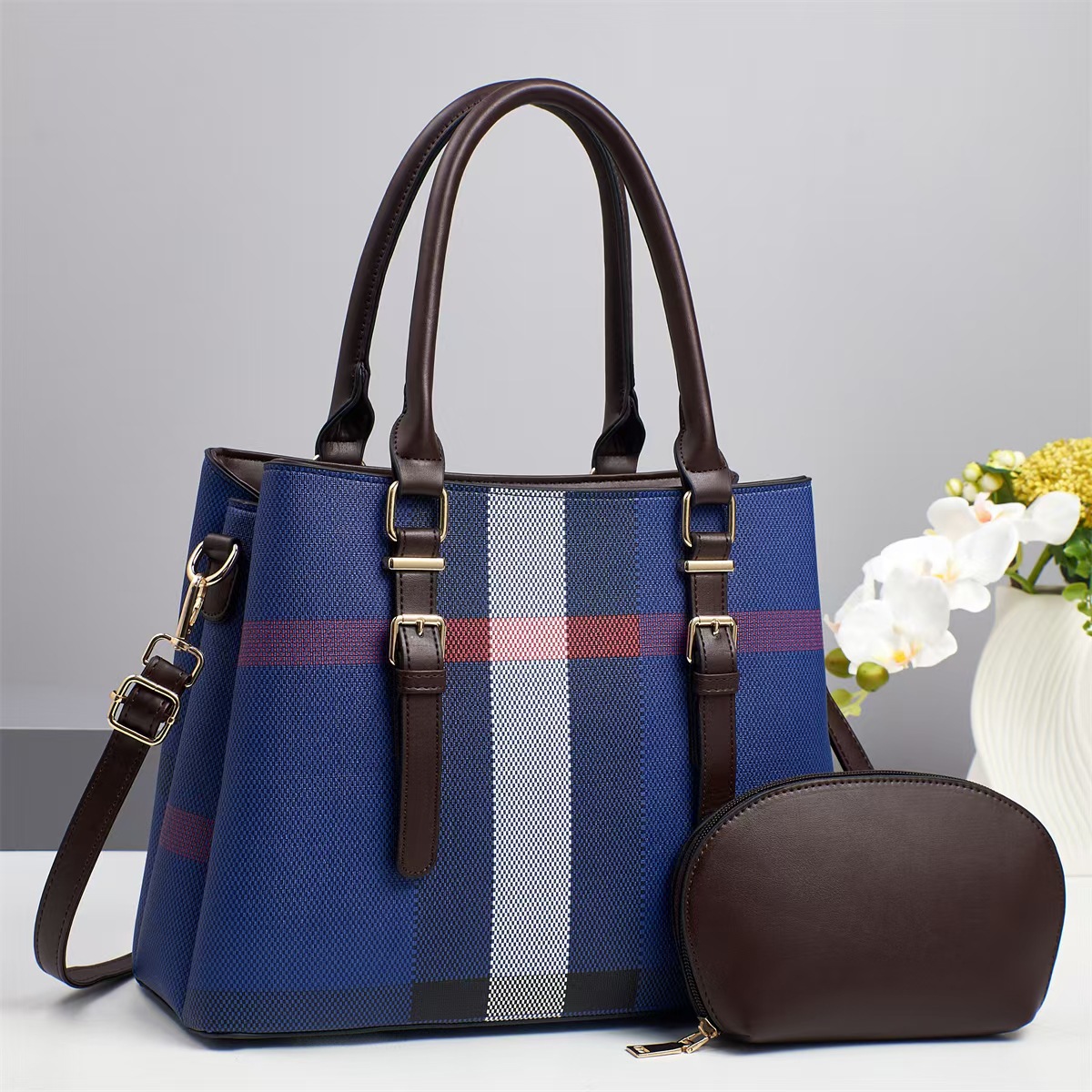 Grid Cross-border Women's Bag 2025 New large-capacity tote bag, fashionable and versatile briefcase, single-shoulder crossbody handbag Specification drawing