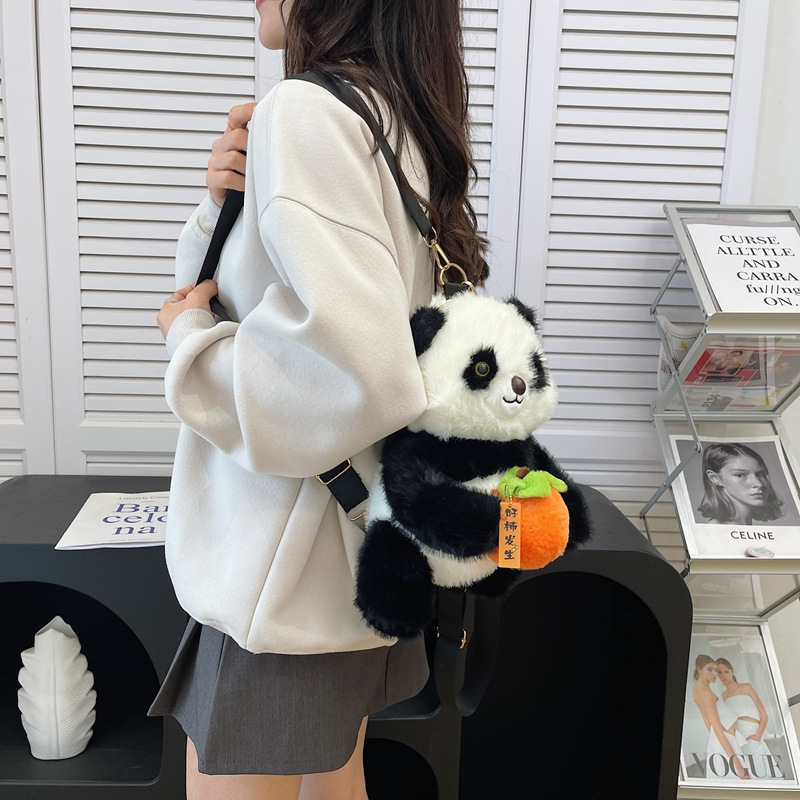 New cartoon "Good Persimmon Happens" panda plush toy double backpack, realistic panda souvenir children's backpack gift full figure