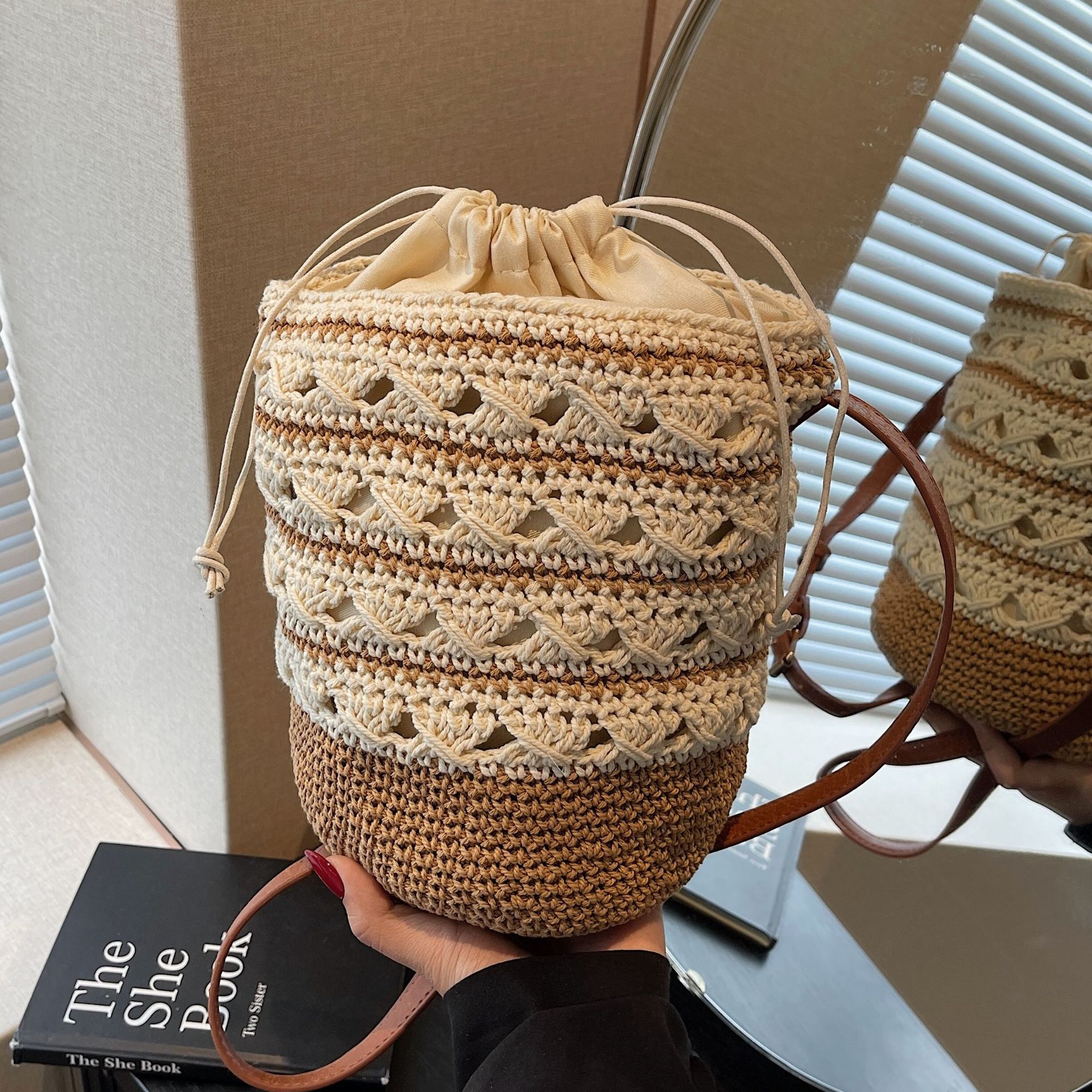 Summer striped bucket bag, versatile vacation beach bag, drawstring crossbody handbag, woven cotton thread bucket bag full figure