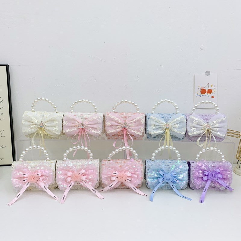Children's bow bag, summer rose crossbody bag, girl pearl hand-held princess bag, chanel-style coin purse full figure