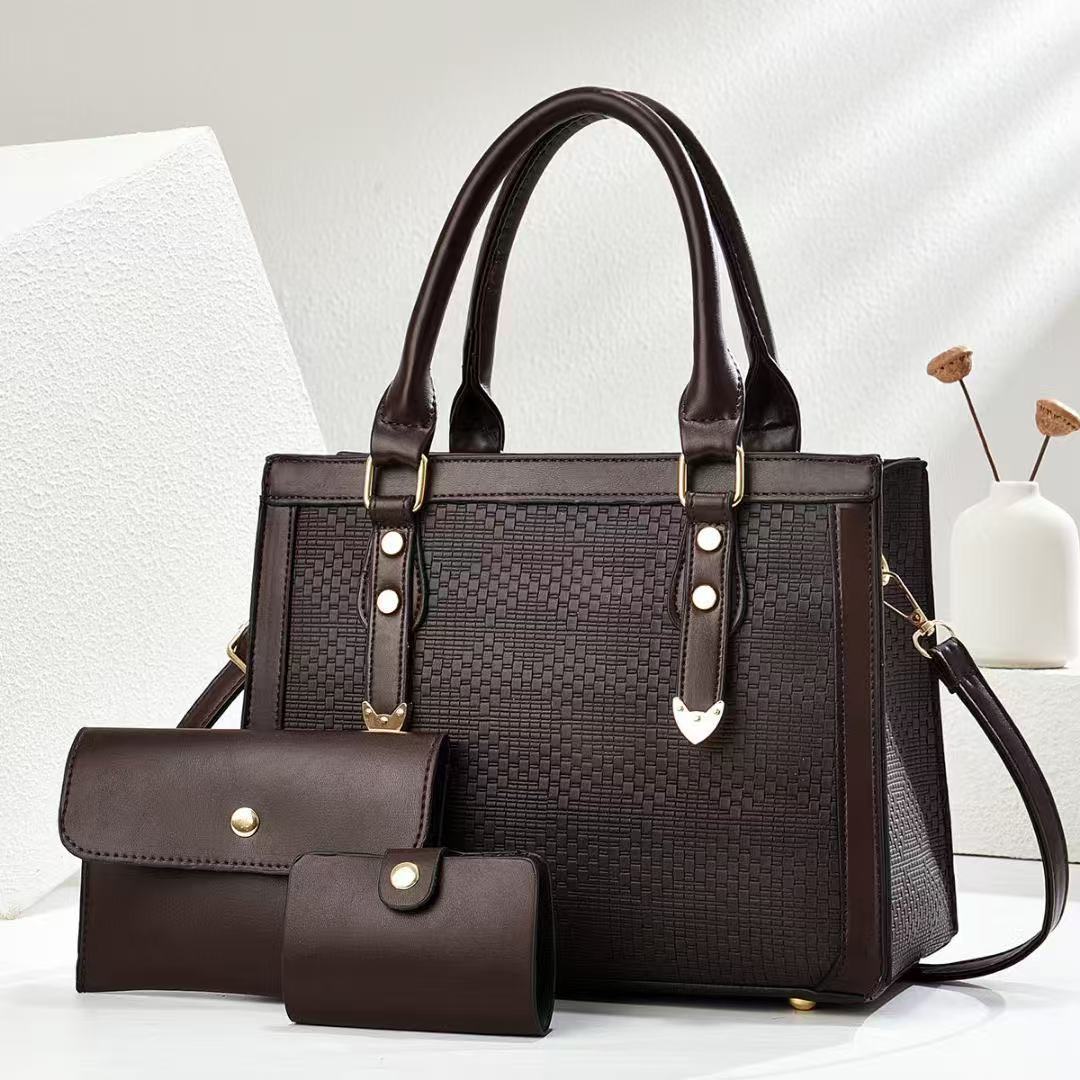 Taizhou PU leather three-piece women's bag 2025 new trendy bag, women's set bag, crossbody single-shoulder hand-carry mother and child bag details Picture