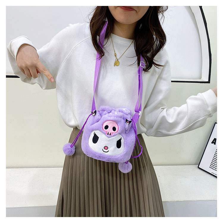 Cartoon Sanrio plush toy, cute drawstring, versatile cinnamon dog, Kuromi handbag, storage bag, coin purse details Picture