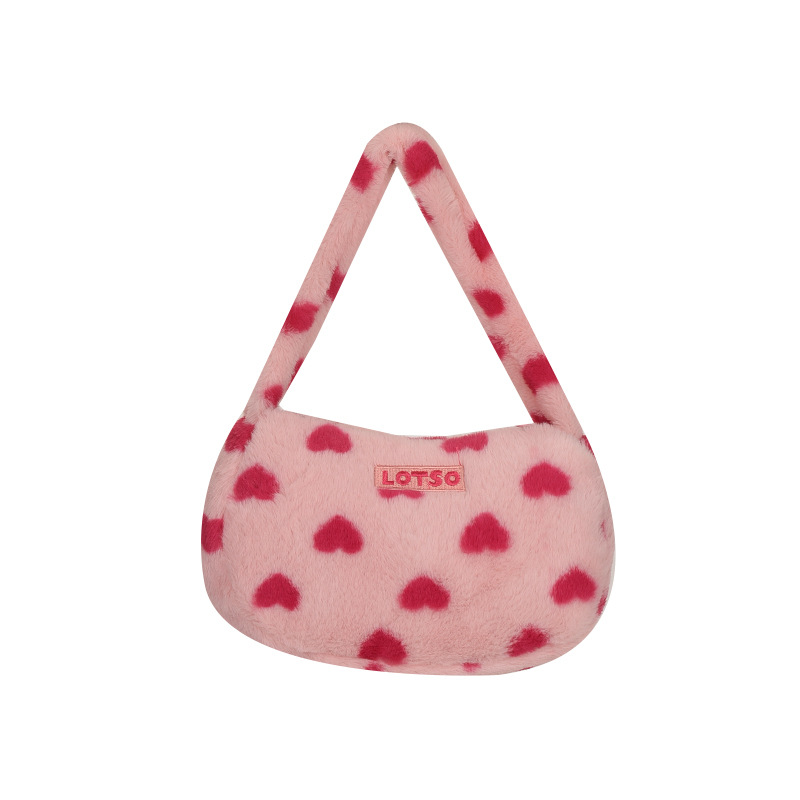 New strawberry bear underarm bag, fluffy heart single-shoulder bag, handbag, sweet and cute, soft girl hand-held storage bag Item Picture