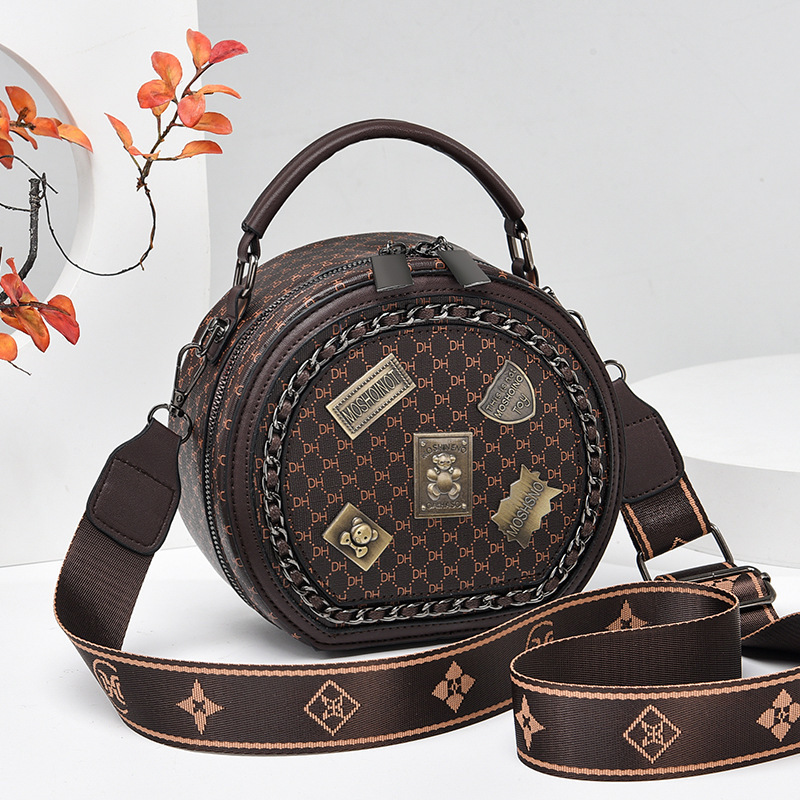 This year's trendy bag for women: 2023 New trendy badge retro print crossbody bag, ins fashionable and high-quality small round bag full figure