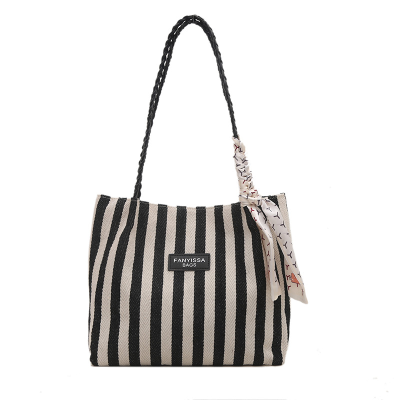 A niche, retro, artistic, simple and fresh striped casual, fashionable and stylish large-capacity single-shoulder tote women's bag Item Picture