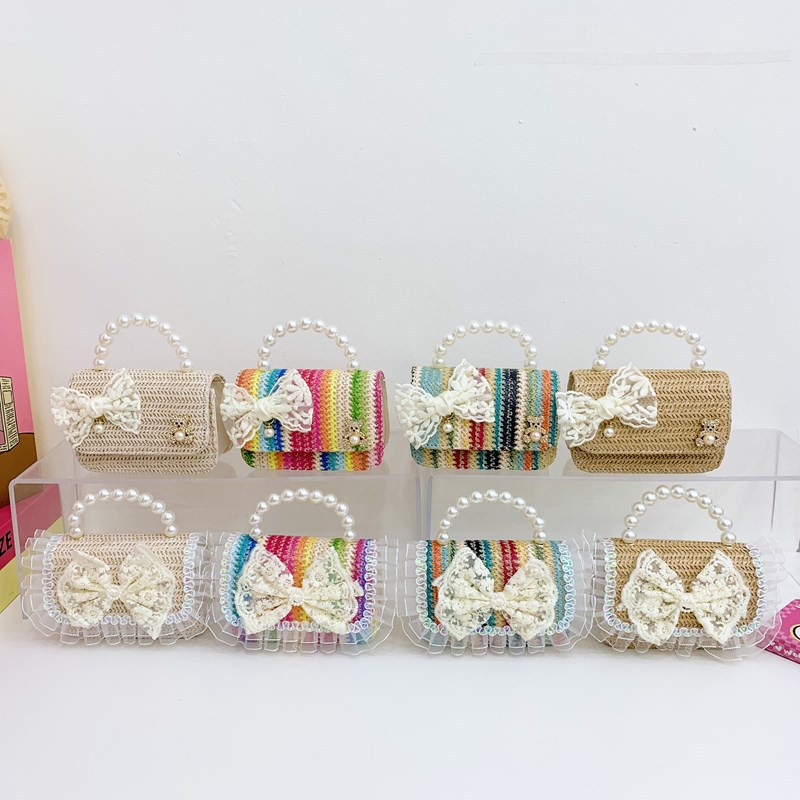 Summer new bow straw-woven pearl handbag, crossbody fashionable children's bag, cute girl kindergarten princess bag full figure