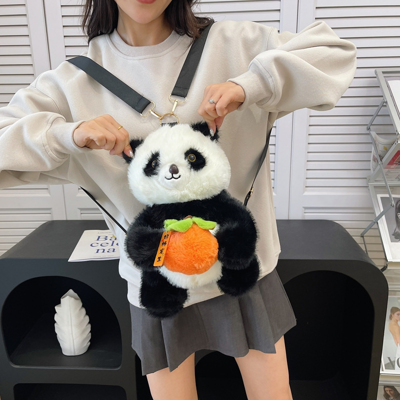 New cartoon "Good Persimmon Happens" panda plush toy double backpack, realistic panda souvenir children's backpack gift details Picture