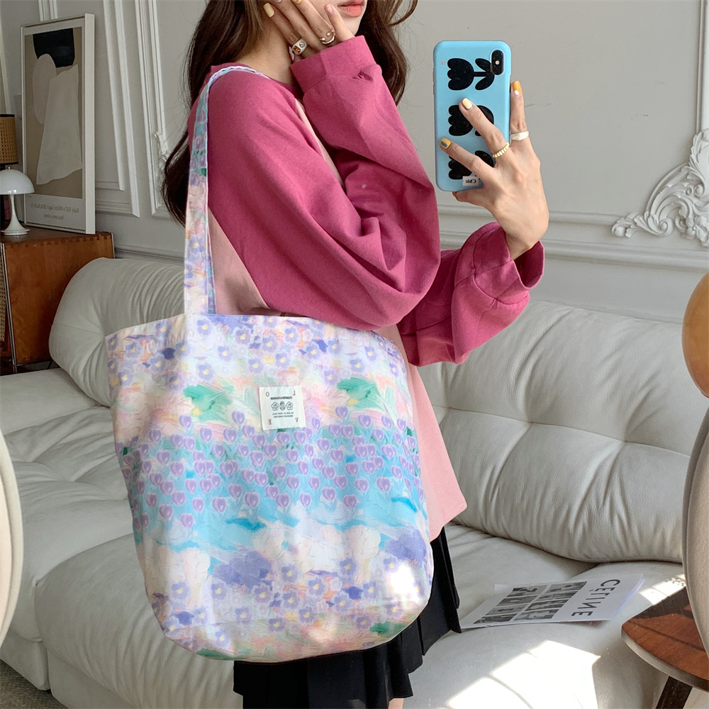 26101 New single-shoulder floral cotton Bag 2023ins Pink Flower Sea Large Capacity Canvas tote handbag full figure