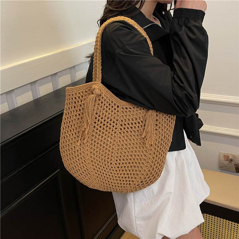 Versatile knitted hand-held underarm bag 2025 new style fashionable large-capacity bucket bag Seaside vacation beach single-shoulder bag Specification drawing