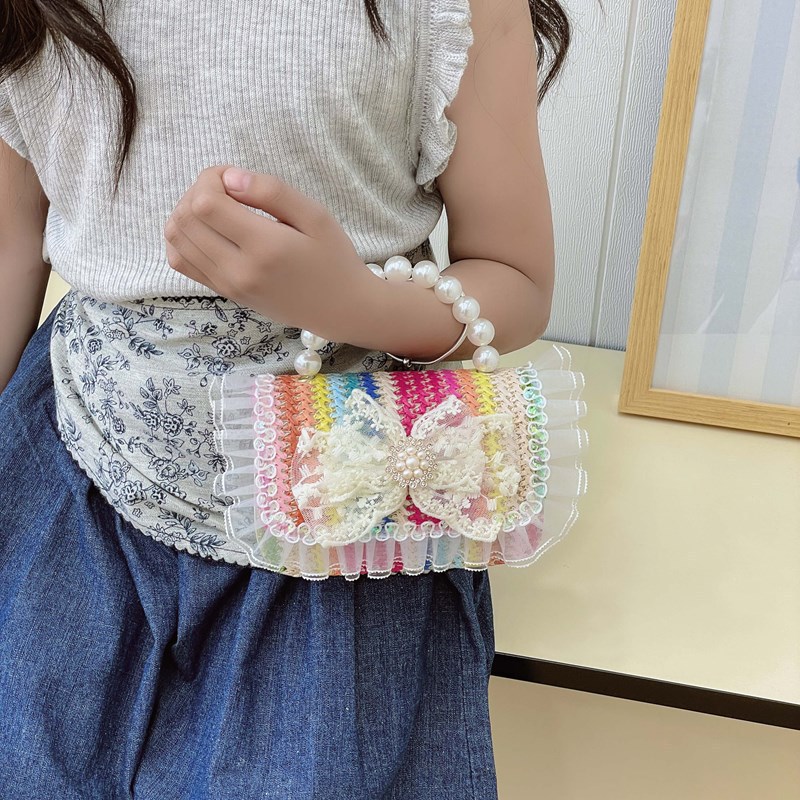 2025 New style girl gift for kindergarten Children's Day: Pearl bow, straw-woven hand-held bag, crossbody Specification drawing