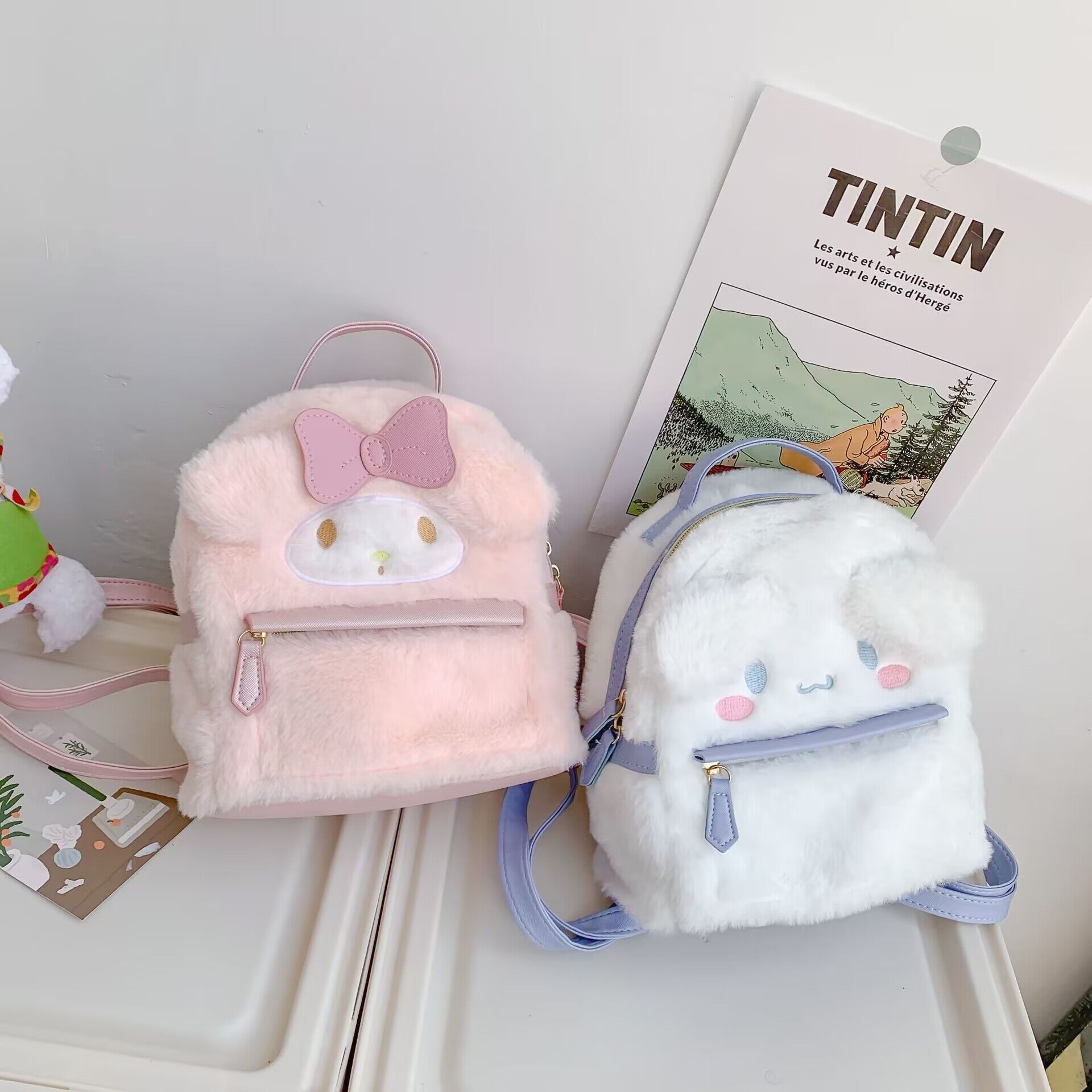 Japanese-style ins cartoon student plush bag, cute and girlish backpack, ugly and cute big-eared dog, fluffy schoolbag details Picture