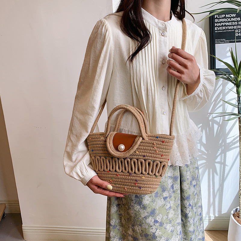 French-style bow straw woven bag for girls, sweet summer girl, casual woven bucket bag, single-shoulder tote bag details Picture