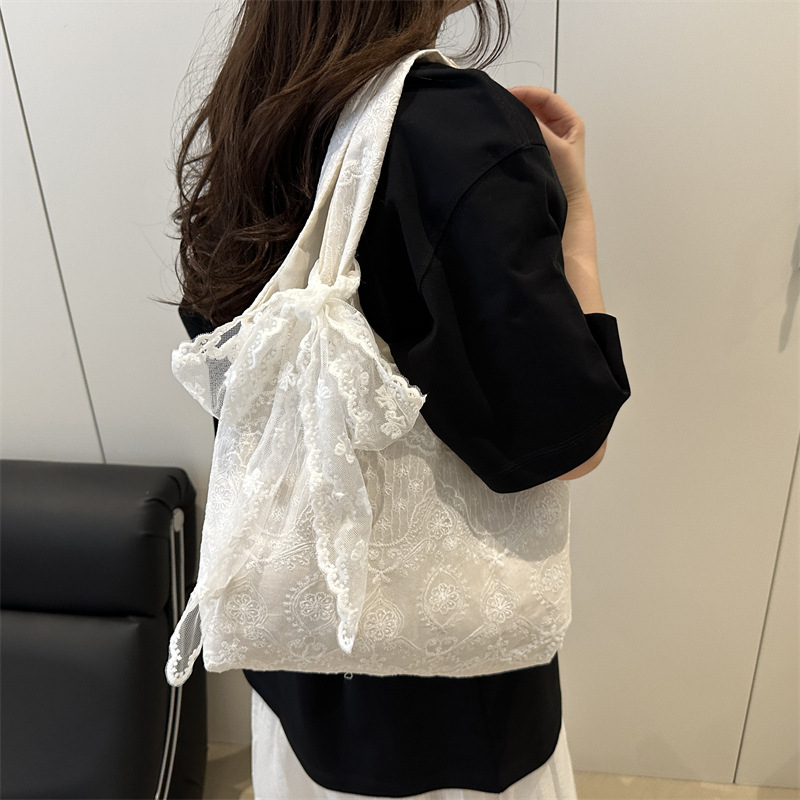 Korean-style lace flower canvas bag for women, 2025 new large-capacity single-shoulder tote bag, a niche commuting underarm bag Specification drawing