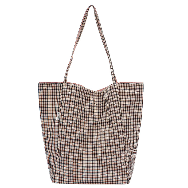 2025 New double-sided checkered canvas bucket bag for women, large-capacity commuting, Korean-style versatile single-shoulder bag for students' classes Item Picture