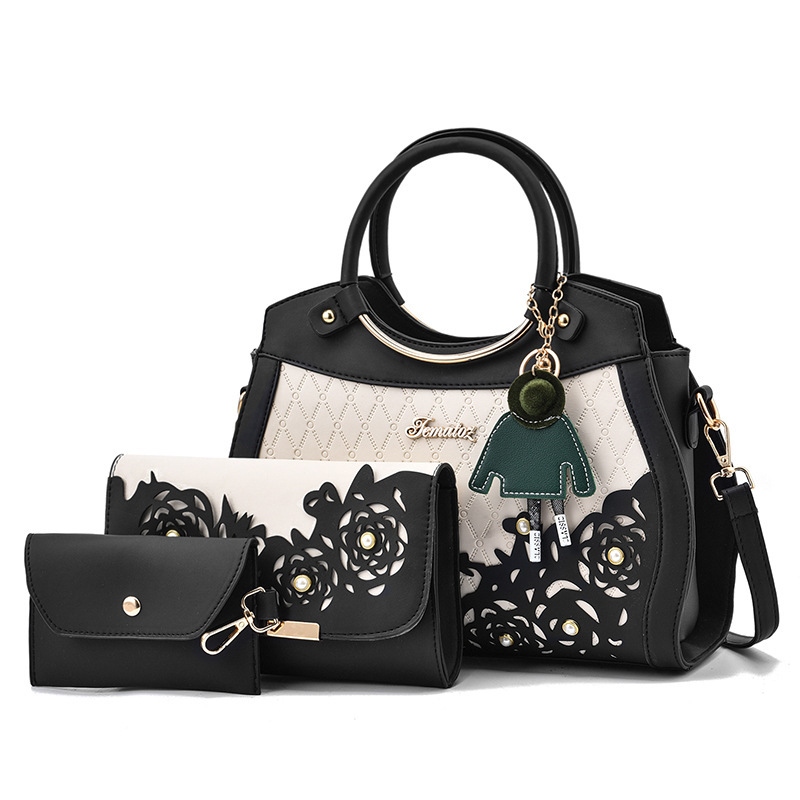 Cross-border foreign trade three-piece set mother-and-child bag 2022 New PU fashionable ethnic style hollowed-out women's bag large capacity handbag Item Picture