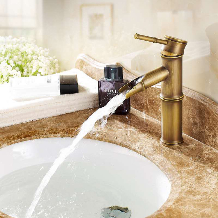 European-style antique all-copper countertop basin faucet, bamboo joint basin faucet, bathroom cold and hot water basin faucet details Picture