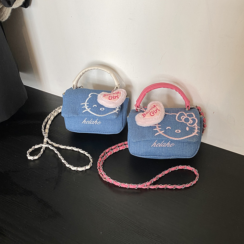 hellokitty denim hand-held women's bag, Korean embroidered thread little Chanel-style cartoon cute girl bag, children's crossbody bag full figure