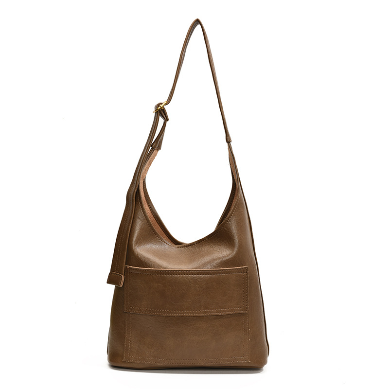 Korean-style simple soft leather single-shoulder bag, large capacity, versatile for commuting, bucket bag, tote bag, underarm bag for students in class, girls Item Picture