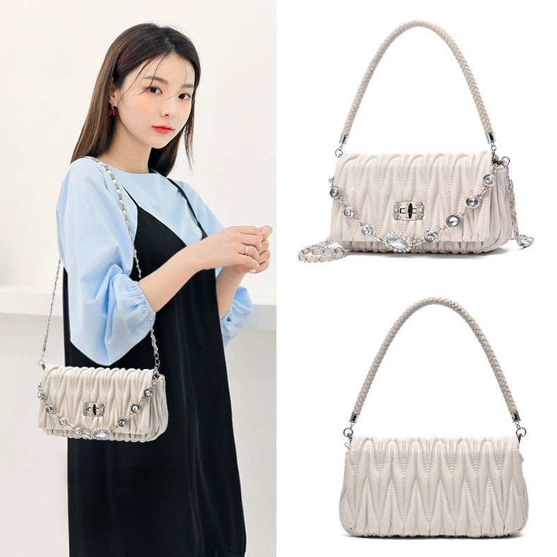 French niche bag pearl women's bag 2022 New trendy single-shoulder underarm bag, high-end and versatile pleated chain bag Specification drawing
