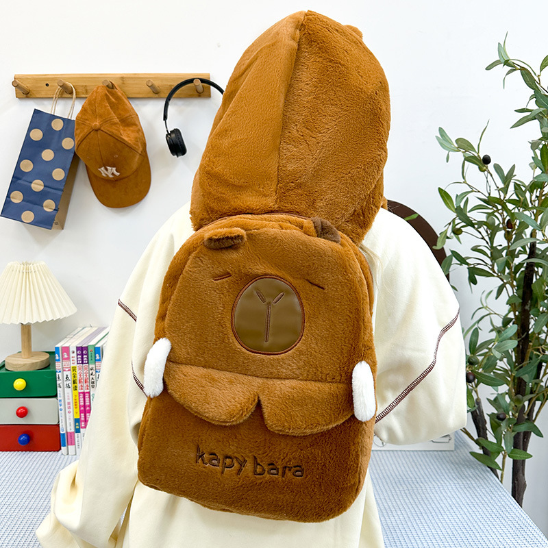 New children's plush hooded large-capacity backpack, cute and girlish, a versatile backpack for classes and travel details Picture