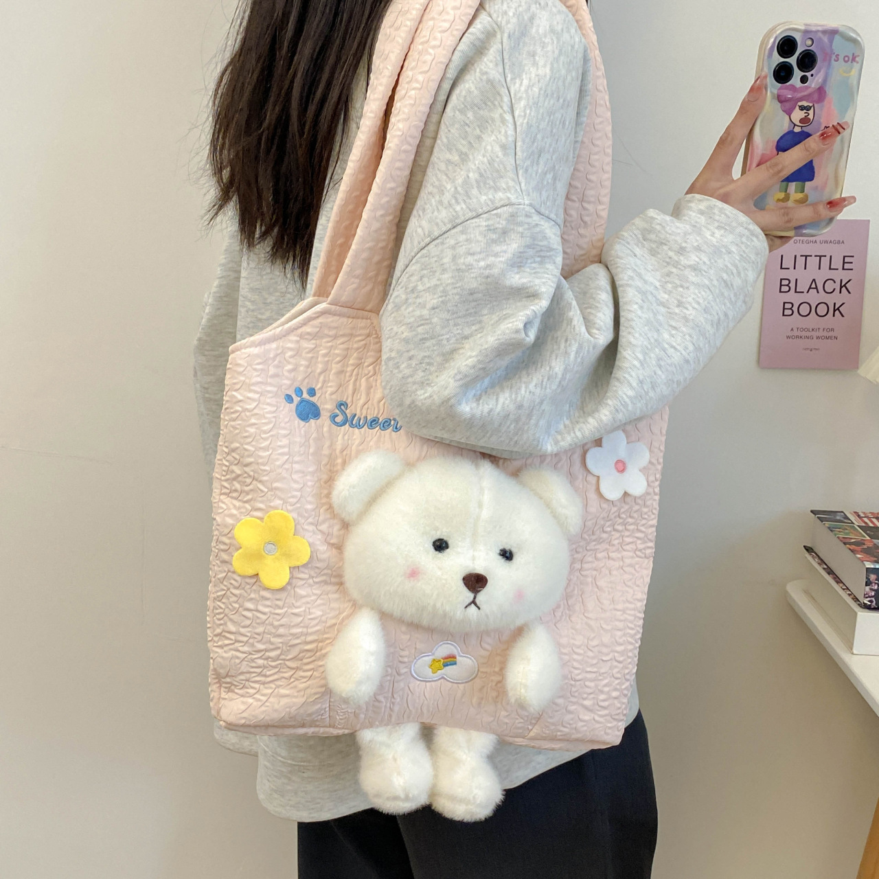 Cartoon canvas bear girl bag 2024 New style Cute plush doll handbag, large capacity crossbody bag Specification drawing