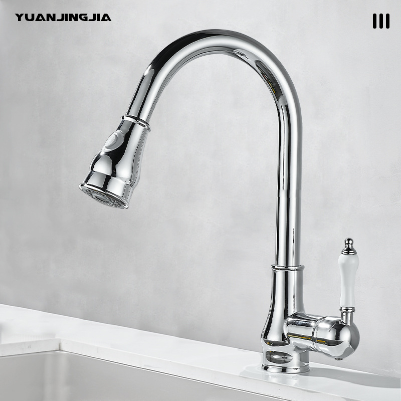 Golden French light luxury retro copper kitchen pull-out faucet, household sink, sink, rotating hot and cold water faucet full figure