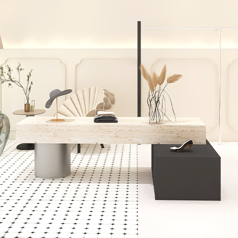 In the clothing store, there are island tables, cave stone tables, simple women's clothing stores, shoe, bag and accessory displays, eco-friendly flow tables, and display tables Item Picture