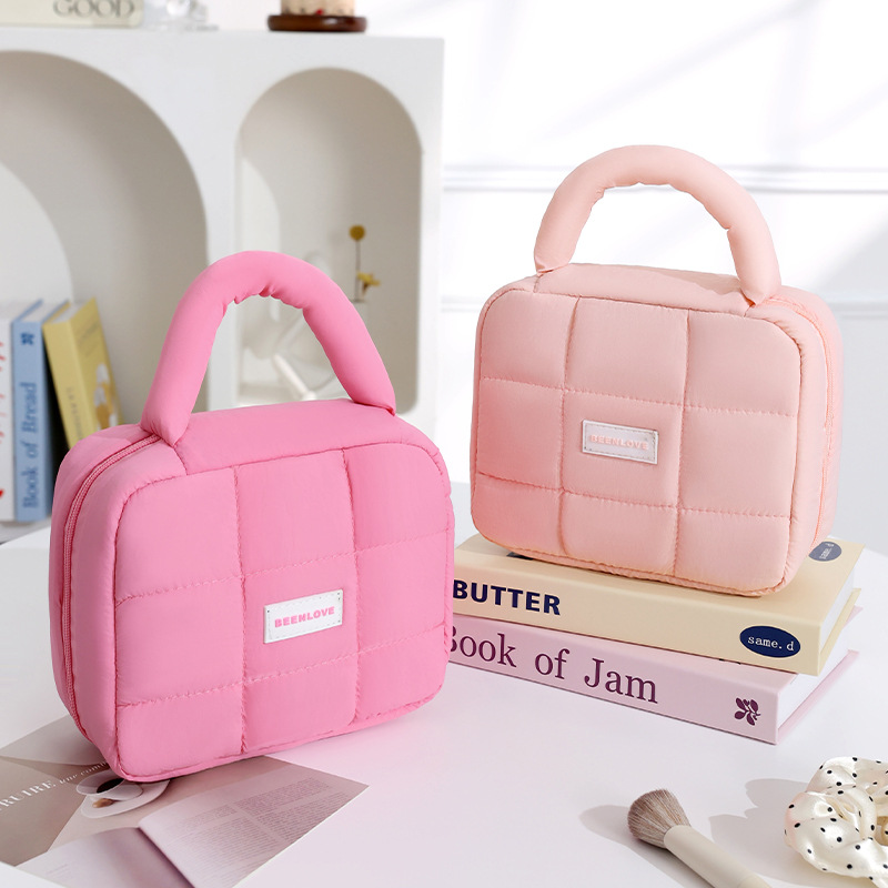 Runhui Cream Puff Square Storage Bag, candy-colored, cotton-filled, soft hand-held makeup bag, large capacity, high-end feel details Picture