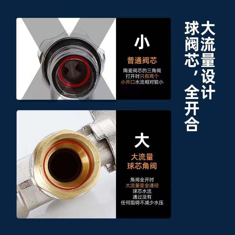 Wholesale of all-copper high-flow Angle valve water heaters from the manufacturer, fully open copper core ball valve, 4/6 split for cold and hot water taps details Picture
