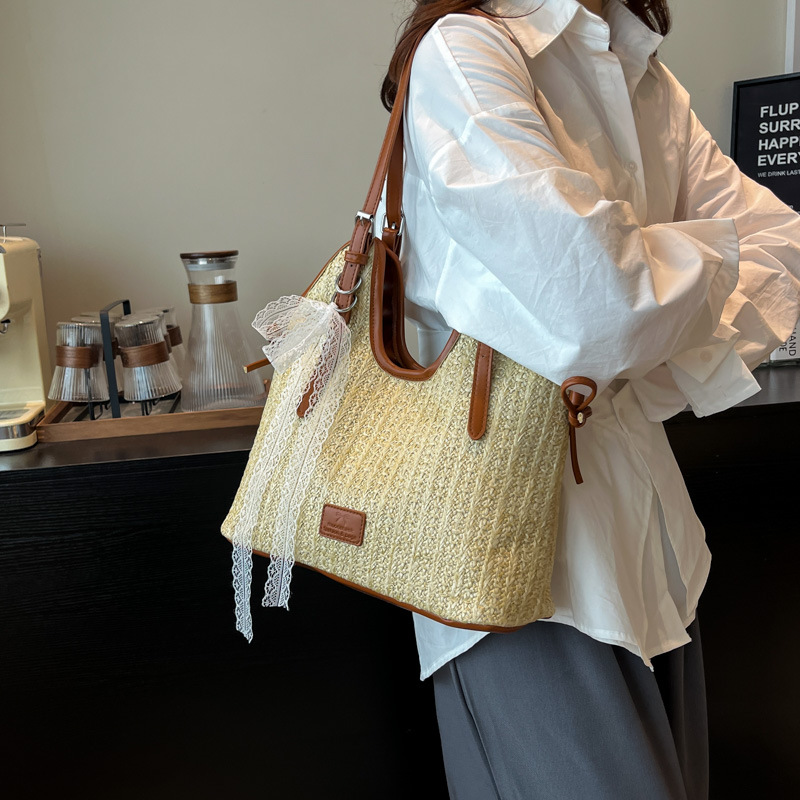 2025 Summer New seaside vacation woven beach bag, women's niche casual single-shoulder bag, large-capacity commuter tote bag Specification drawing