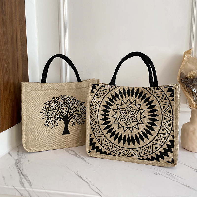 2023 new single-shoulder linen bag, geometric retro and simple shopping bag, Korean-style large-capacity hand-held tote bag full figure