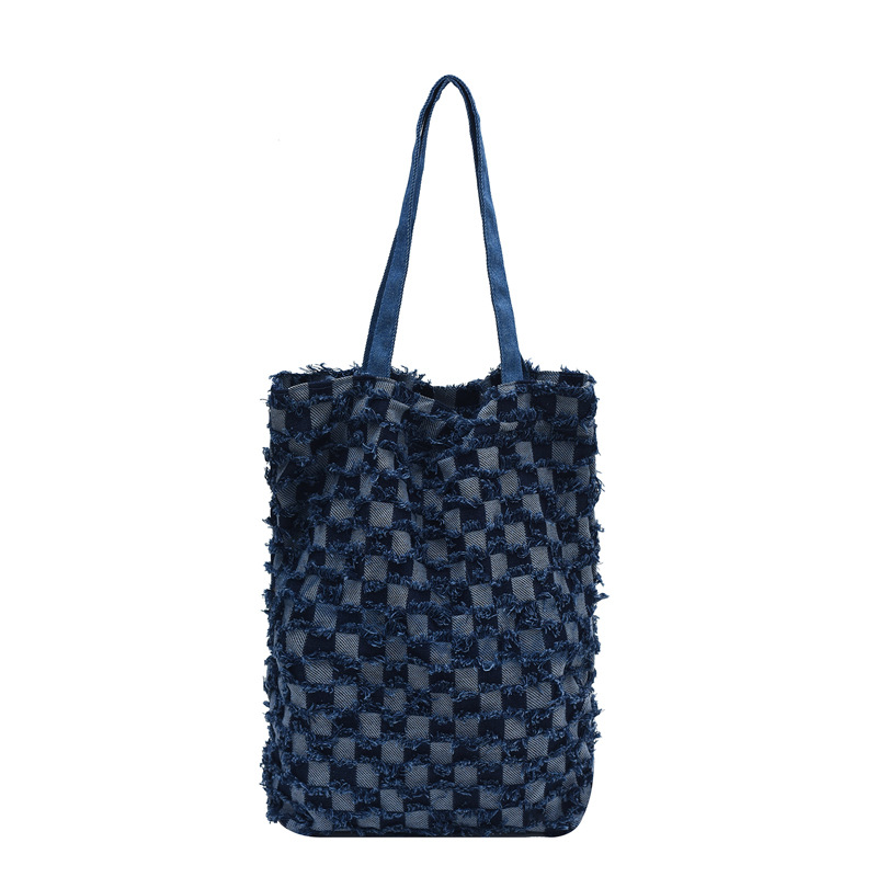 Korean style ins denim canvas single-shoulder bag, casual fringed checkered large-capacity shopping bag, student commuting bag for classes Item Picture
