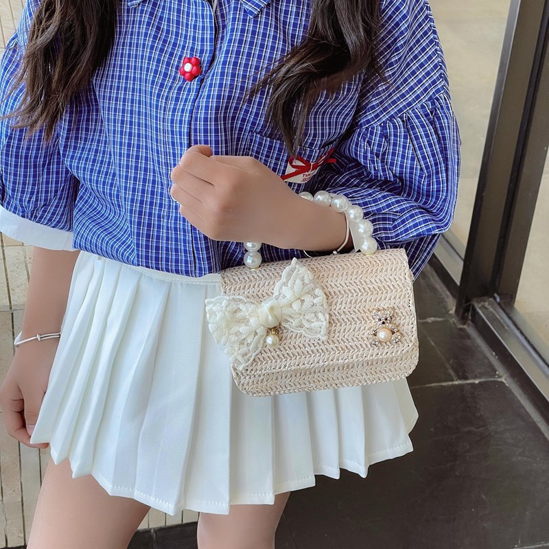 Summer new bow straw-woven pearl handbag, crossbody fashionable children's bag, cute girl kindergarten princess bag Specification drawing