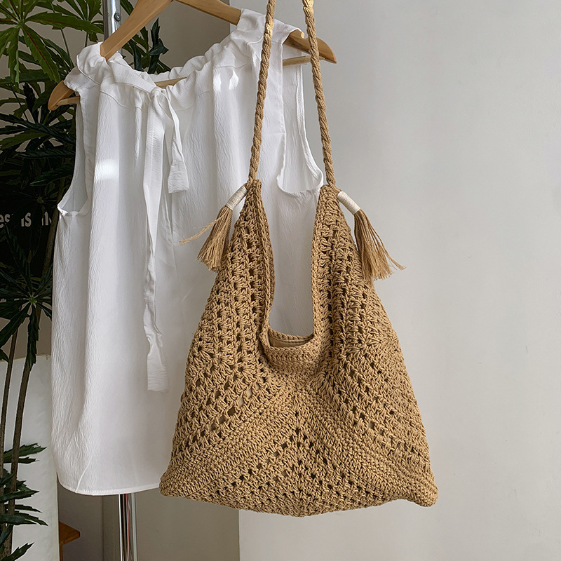 Retro large-capacity vacation single-shoulder beach straw woven bag, Bohemian-style woven women's bag 2025, seaside cutout bag Specification drawing